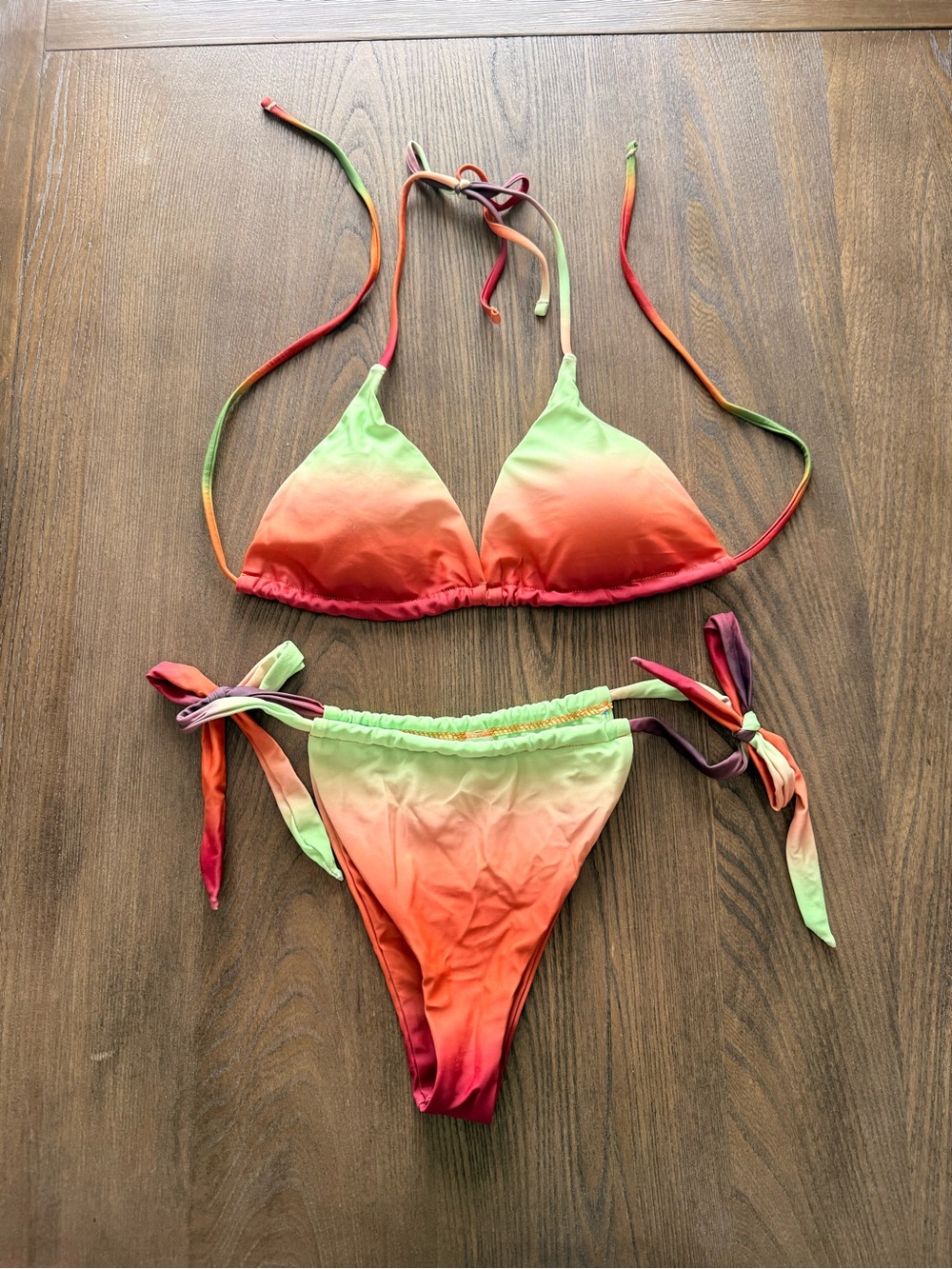 Ombre Tie-Side Bikini Set in Green to Coral Gradient